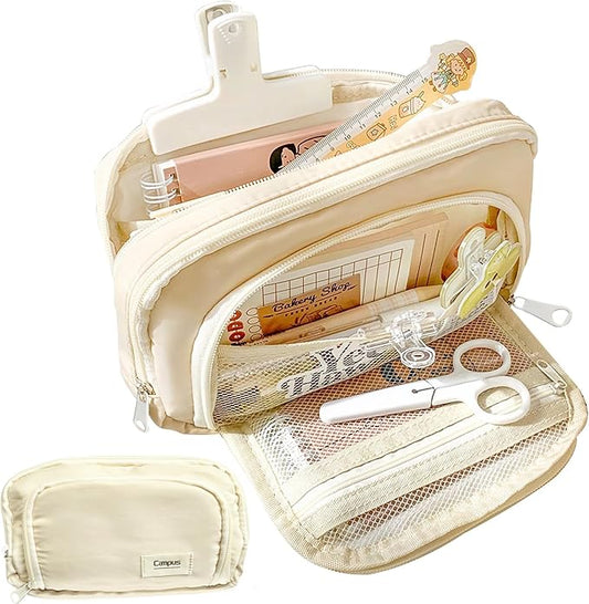 LSLSHY Big Capacity Pencil Case Large Three-ply Zipper Pen Pouch Office School Stationery Supplies for Teen Girls Boys Students (Beige)