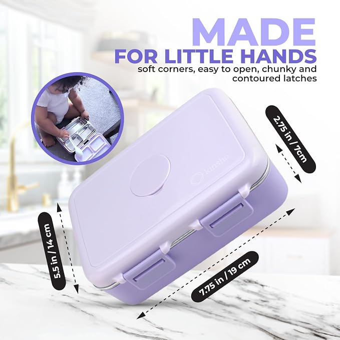 kinsho Small Stainless Steel Bento Box Lunch Container Baby Toddlers Purple | Mini Lunchbox, 3 Eco Metal Portion Sections, Leakproof Lid, Spill-Proof, 18 oz Girls Kids Snack Container Pre School Daycare