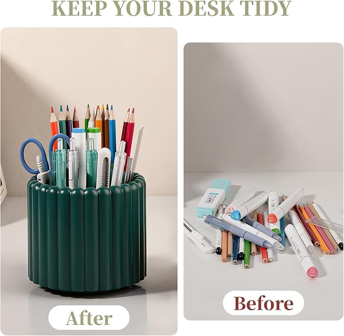 Anyoifax 360° Rotating Pen Holder 7 Slots Desk Organizer Removable Pencil Cup Plastic Art Supplies and Accessories Desktop Storage Box Caddy for Office, School, Home (Teal Green)