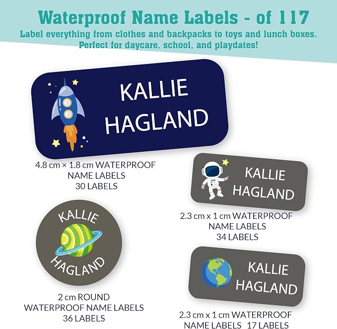 Personalized Daycare Name Labels for Kids (117 Labels) - Custom Durable Waterproof Name Stickers for Clothing Tags, Water Bottles, Lunch Boxes, and School Supplies - Dishwasher, Washer