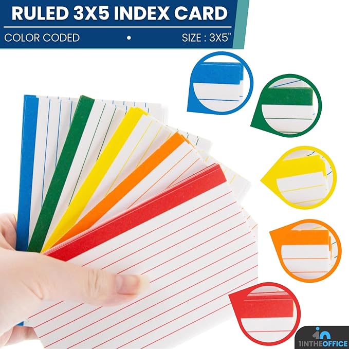 1InTheOffice Index Cards 3x5, Ruled Index Cards, Flash Cards, Assorted Colors, 300 Pack