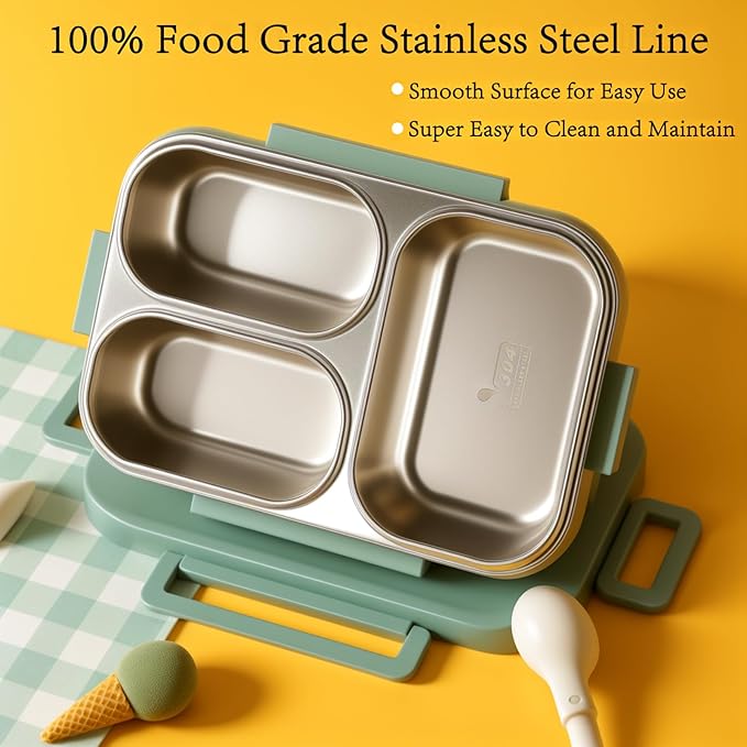 18/8 Stainless Steel Lunch Box & Bento Box for Kids & Adults - 25oz- with Leakproof Condiment Container - 3 Compartmentcute with Dinosaur Cartoon Pattern for School, Office & Outdoor -Dishwasher Safe