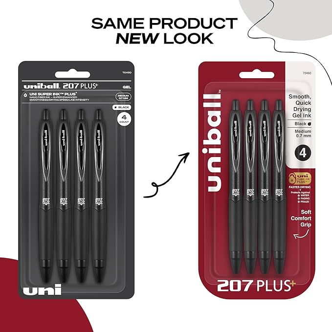 uniball 207 Plus+ Retractable Gel Pens, Medium Point (0.7mm), Black, 4 Pack