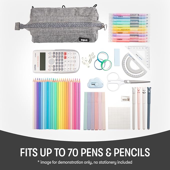 ZIPIT Lenny Pencil Case, Wide-Opening Zipper Pouch for Girls and Boys, Grey | Aesthetic pouch for school, machine washable, colorful lining, holds 55 pens & pencils, doubles as a makeup case for travel