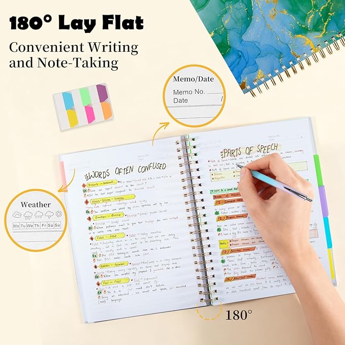 5 Subject Notebook College Ruled, A5 Spiral Notebook with Removable Pocket Dividers Tabs, Lined Organizer Notebook Journal for Women, 240 Pages Notebooks for Work School Note Taking, Green Marble