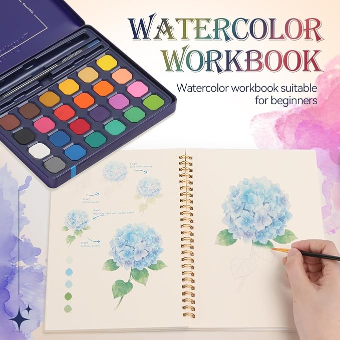 Floral Watercolor Painting Kit for Adults & Beginners with 24 Paints, 3 Brushes,Watercolor Workbook & photo album | 12 Original DIY Patterns, Step-by-Step Tutorials | Beginner-Friendly Creative Gift