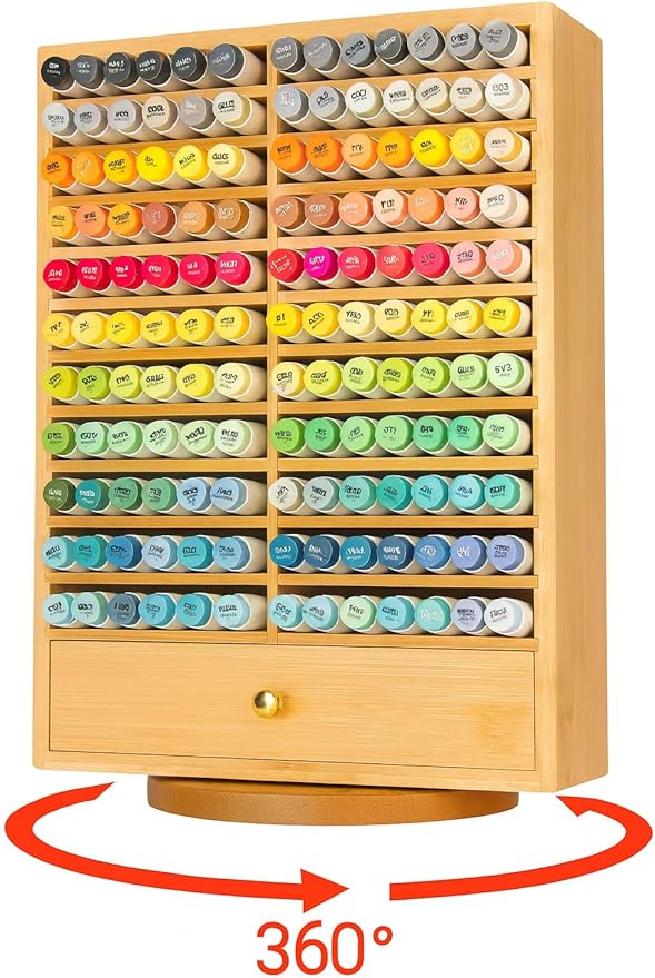 EpicGifts Alcohol Marker Organizer Storage for 168 Alcohol Markers With Marker Storage Drawer and Coloring Book Holder Slot - Bamboo Wooden Marker Storage Organizer