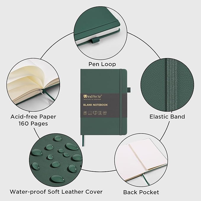 &And Per Se Blank Sketch Notebook, A5 Hardcover, 160 Pages 100gsm Thick Paper, Unlined Journal for Drawing, Doodling, Hand Lettering – Creative Gift for Artists, Designers, Writers (Green)