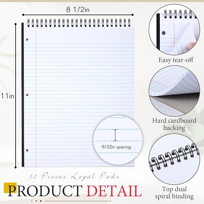 MotiMind 10 Pack 8.5" x 11" Top Spiral Notebook with 3 Hole Punched White Legal Pads College Ruled Notepad 50 Sheets Hard Cardboard Paper Wirebound Notepad for Office Business School