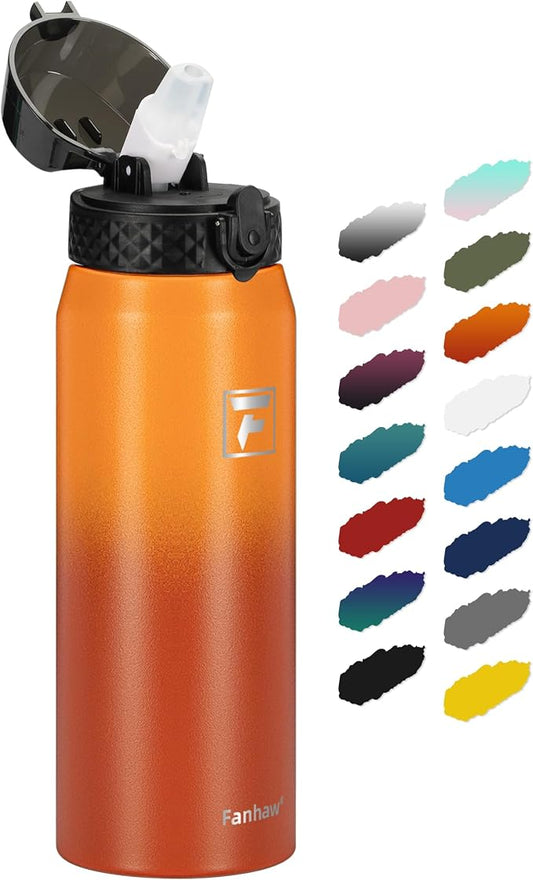 Fanhaw 24 Oz Kids Insulated Stainless Steel Water Bottle with Straw Lid, Leakproof & Anti-Dust Everyday Use Bottle for School, Women & Men, Back to School Essentials (Yellow Orange)