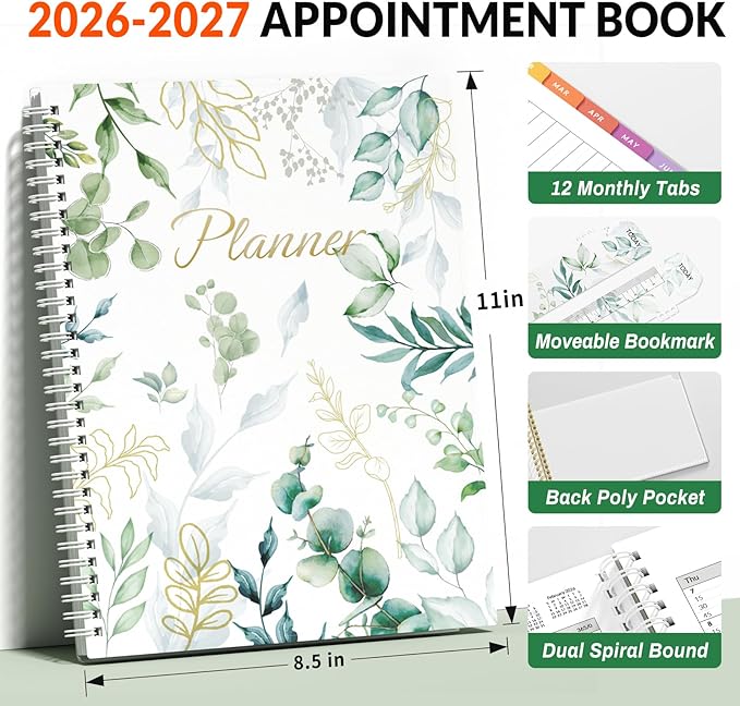 SUNEE 2026-2027 Appointment Book, Quarter-Hourly, Weekly & Monthly - from July 2026 to June 2027, 8.5"x11" Academic Planner, Flexible Cover, Note Pages, Bookmark, Spiral Binding, Greenery