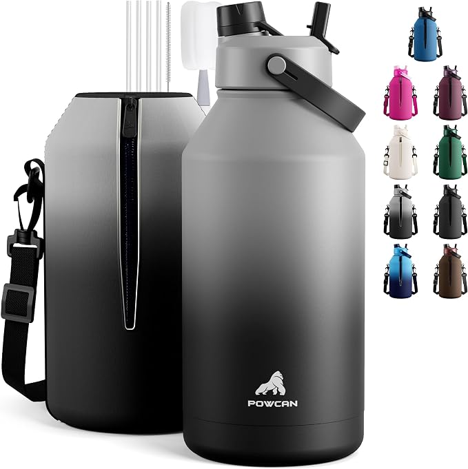 POWCAN 64 oz Insulated Water Bottle with 2-in-1 Straw and Spout Lid, Keep Cold 48H, Leakproof, Carrier Bag, Stainless Steel Sport Water Bottle for Men, Fitness, Outdoors, Gym and Travel (Obsidian)