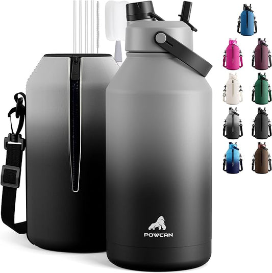 POWCAN 64 oz Insulated Water Bottle with 2-in-1 Straw and Spout Lid, Keep Cold 48H, Leakproof, Carrier Bag, Stainless Steel Sport Water Bottle for Men, Fitness, Outdoors, Gym and Travel (Obsidian)