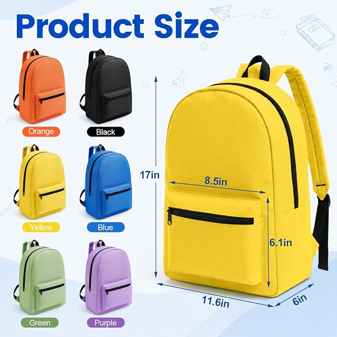 12 Pack Backpacks Bulk, 17 Inch Lightweight Bookbags in 6 Colors，Wholesale Backpack for Back to School Supplies
