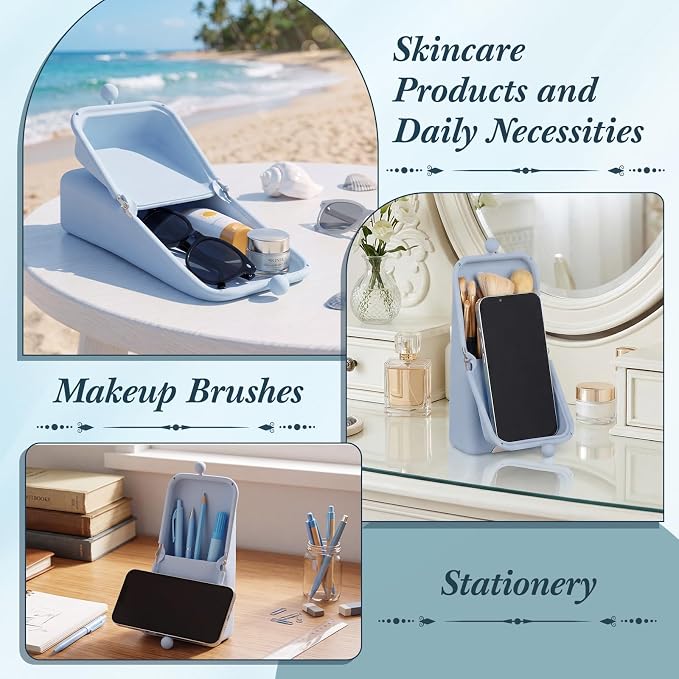 Kacctyen Makeup Brush Case Silicone Standing Makeup Brush Holder,Light Blue | Silicone Make up Travel Bag with Suction Portable Cosmetic Organizer Phone Stand Pouch for Travel Home Back to School Use