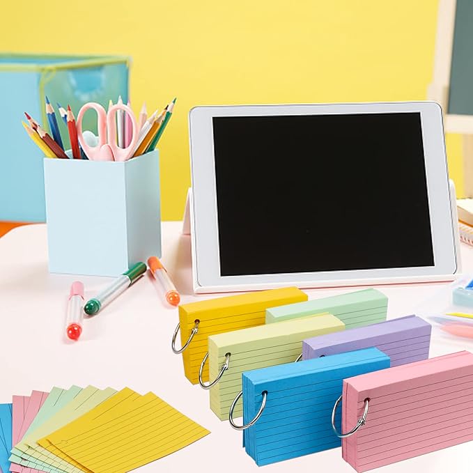Tecmisse 600 Pieces Index Cards Rulded, Colorful Flash Cards 3 x 5 Index Card with Rings, Heavy Study Cards, Note Cards Punched for School Learning, Office and Home Uses (6-Color Thickened)