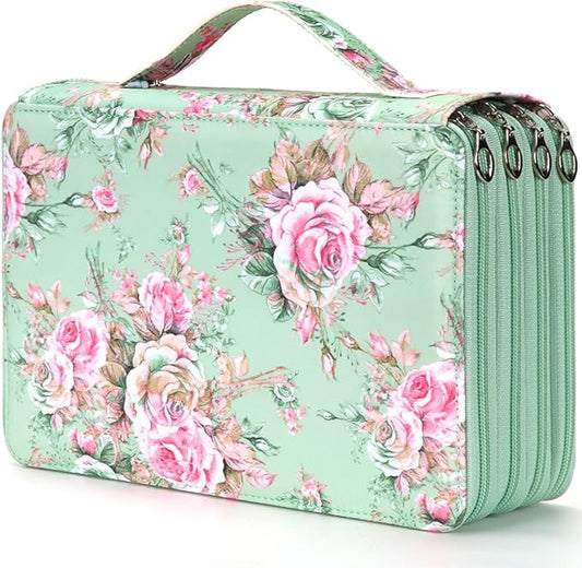 Vomgomfom 200 Slots Pencil Bag, 4-Layer Zipper Portable Art Supply Organizer, PU Leather Large Capacity Colored Pencil Case with Handle for 200 Watercolor Pens, Gel Pens (Green Rose)