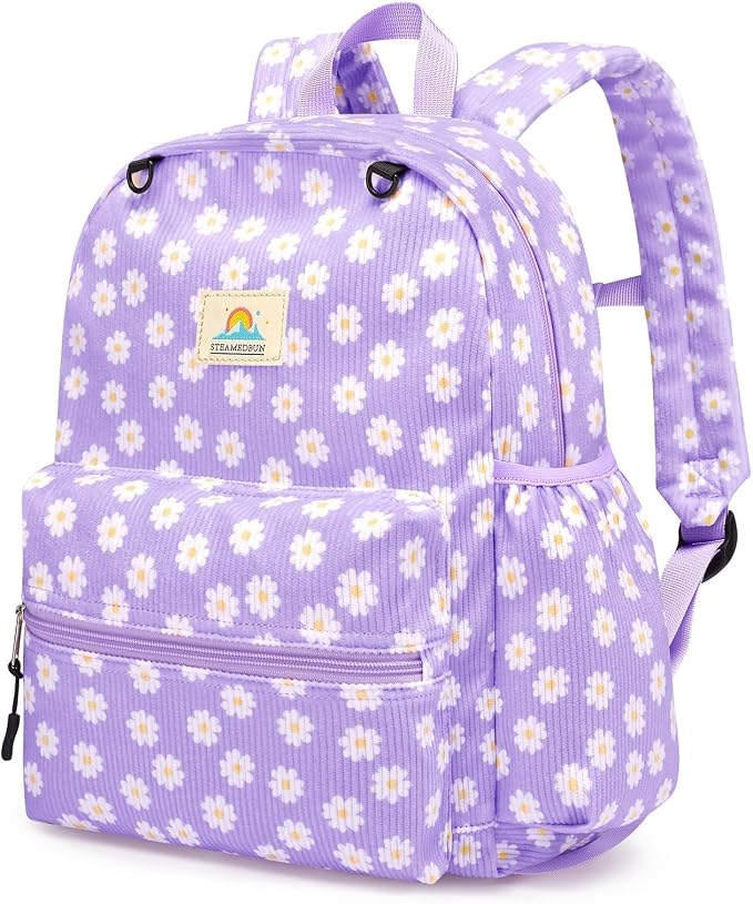 STEAMEDBUN Corduroy Kids Backpack for Girls and Boys 5-8: Girls Backpack for Elementary Kindergarten - 15 inch Cute Backpacks for Kids - Purple Daisy