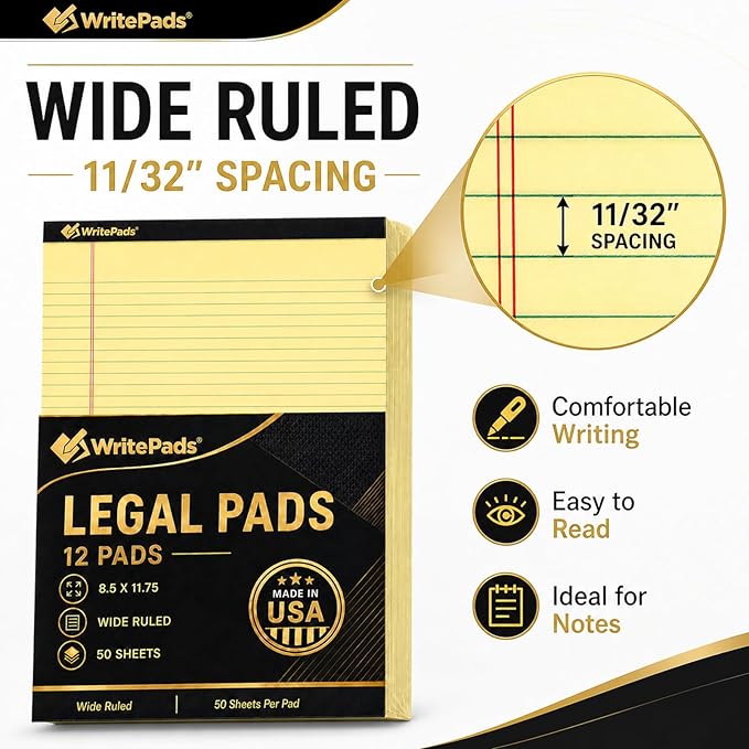 Legal Pads 8.5 x 11.75 Inch Wide Ruled Writing Pads, 12 Pack Note Pads - Yellow Perforated Paper with Hard Back, 50 Sheets Per Pad, No Bleed Notepad Paper for Office, School, Business MADE IN USA