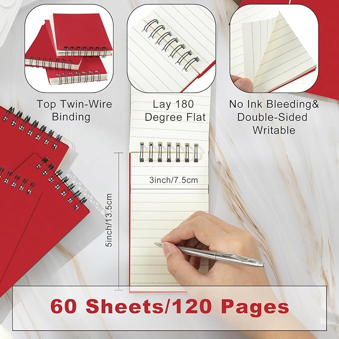 Tenceur 2 Pcs Red Pocket Notebook Small 3x5 Inch Top Spiral Notepads Bound Notebook with Lined 120 Pages Memo Pads for Office College Nurse Essentials Back to School Gift