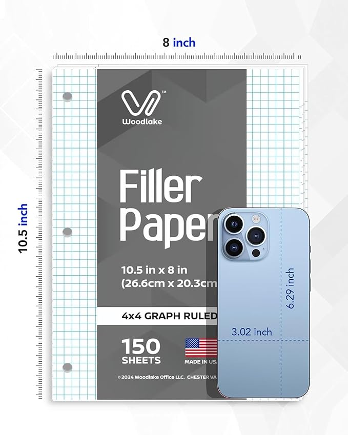 Notebook Paper USA-Made Loose Leaf Paper, 24 Pack 3600 Sheets 8"x10.5" Quad Ruled - 3-Hole Punched Bulk Filler Paper for 3-Ring Binder, 150 Sheets/Pack, Wholesale Available