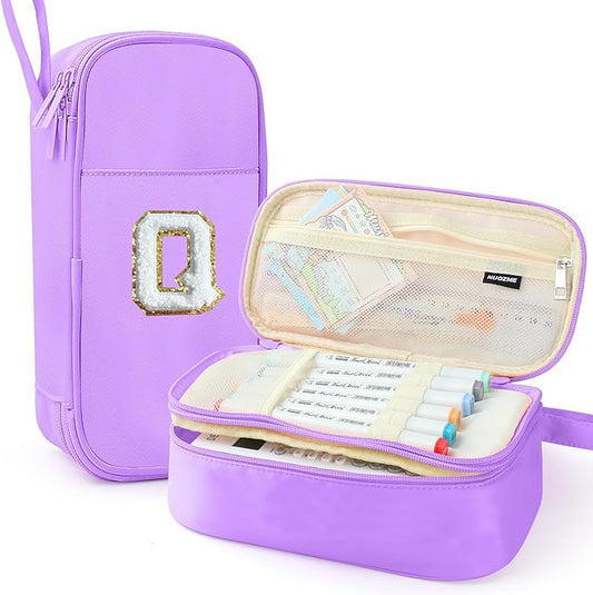 Large Pencil Case,Big Capacity Pencil Pouch,Personalized Initial Pencil Bag with smooth zipper,Multiple Pockets,Cute Aesthetic Stationery Pen Case Bag for Teen Girls College (Purple, Q)