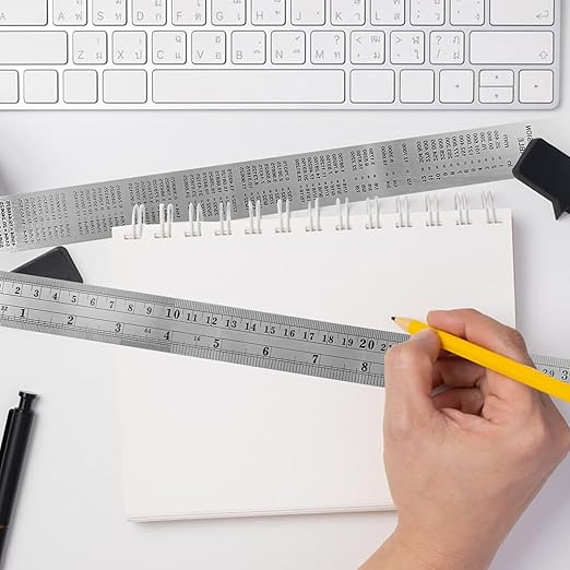 Metal Ruler 12 Inch with Conversion Table, Stainless Steel Metric Ruler with Etched Scales for Office,Home,Study,Engineers and Artists（1 Pack）