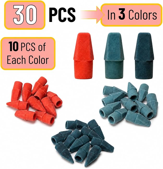 Mr. Pen- Pencil Erasers Toppers, 30 Pack, Colorful