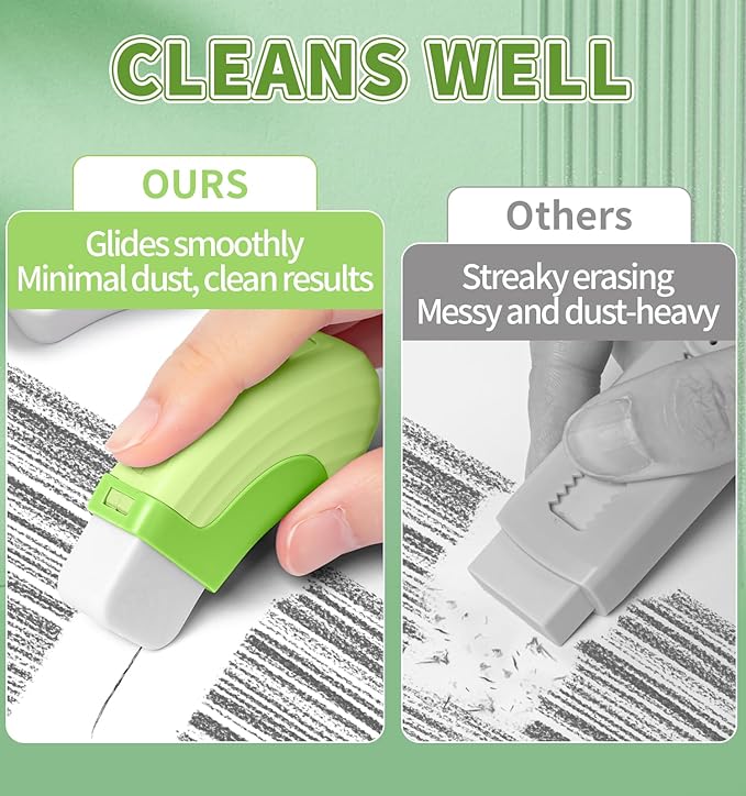 4+1 Pack Rubber Erasers Sliding Retractable Eraser, Large White Erasers for School Office Art Drawing Pencil Eraser for Kids- Green