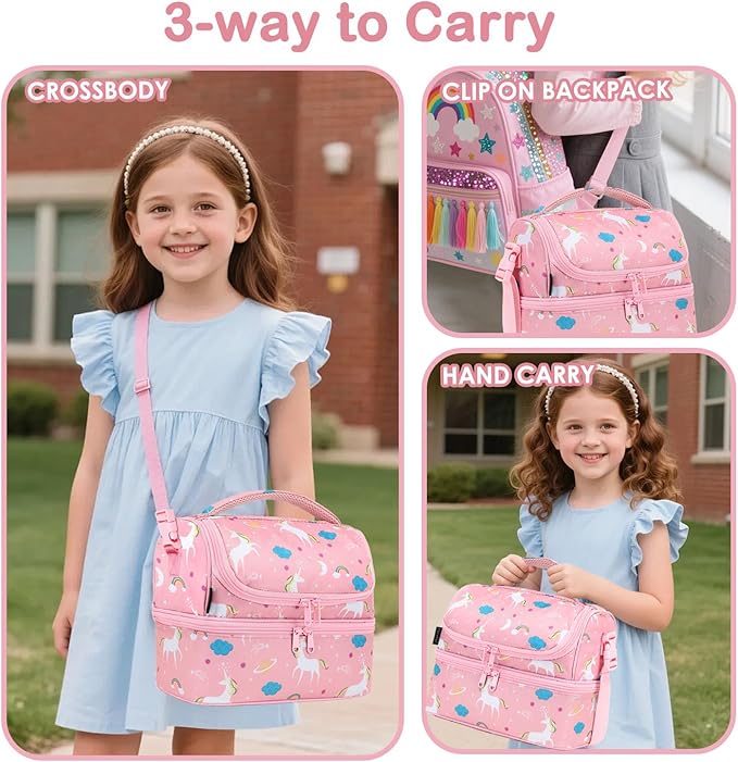 FlowFly Kids Double Decker Cooler Insulated Lunch Bag Large Tote for Boys, Girls, Men, Women, With Adjustable Strap, Unicorn