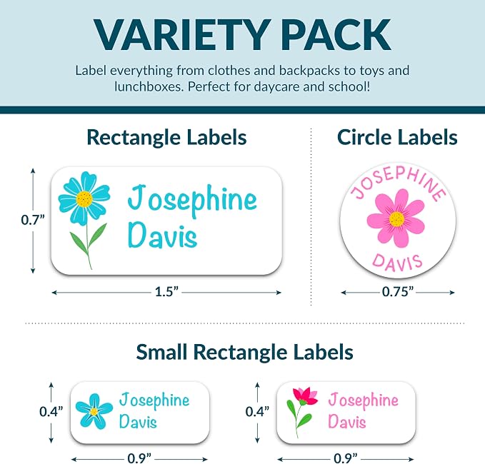 Personalized Waterproof Name Labels for Kids | Optional Packs 50, 150, 230 Labels | Custom Name Stickers for Kids' Clothing Tag, Water Bottle, Lunch Box, Customize Kid Name Label for Daycare Flowers