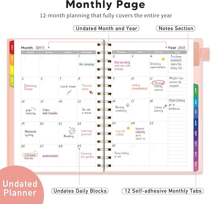 EMSHOI Undated Planner, Weekly and Monthly Calendar, 53 Weeks and 12 Months, A5 (6.38" x 8.35"), 100GSM Thick Paper, PVC Cover, Monthly Tabs, Note Pages, Start Anytime