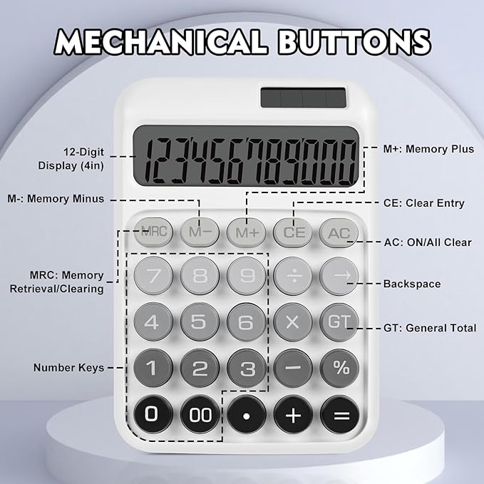Mechanical Switch Calculator with Big Buttons, Calculators Desktop, 12 Digits, Solar Battery Power, Desk Calculator, Large LCD Display,Cute White Calculators for Teachers Students Basic Office