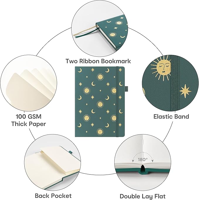&And Per Se Hardcover Notebook – A5 5.7"x8" College Ruled, 160 Pages, 100gsm Thick Paper – Aesthetic Journal for Women, Gift-Ready Planner, Everyday Writing Notebook (Celestial Green)