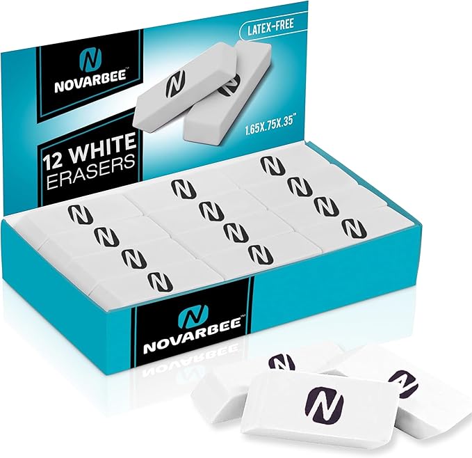 White Erasers for Kids – 12-Pack Bulk Pencil Erasers for School, Office, and Art Use – Soft, Latex-Free, Smudge-Free Erasers for Writing, Drawing, Sketching, and Exams