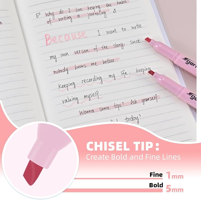 Cgerma Pink Highlighter 12 Pack, Mild Pastel Color, Chisel Tip Highlighters, Quick-Drying, Cute Aesthetic Markers for Journaling, Study, School Office Supplies