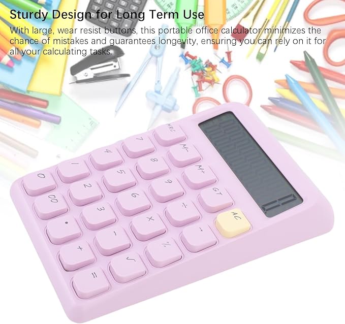 12 Digit Solar Calculator with Big Buttons Large Display Battery Operated Compact Portable for School Office Home Use (Purple)
