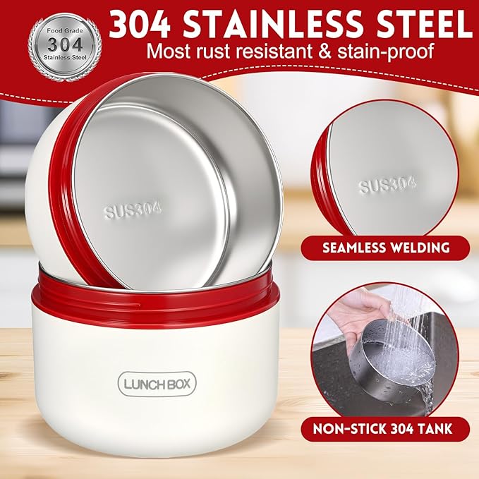 Dandat 2 Pcs Portable Insulated Lunch Containers Thermal Bento Box with Bag Fork Knife Microwavable Stainless Steel Lunch Box 15.2 oz 21 oz Separate Stackable Food Jar for Adult Men Women(Red)