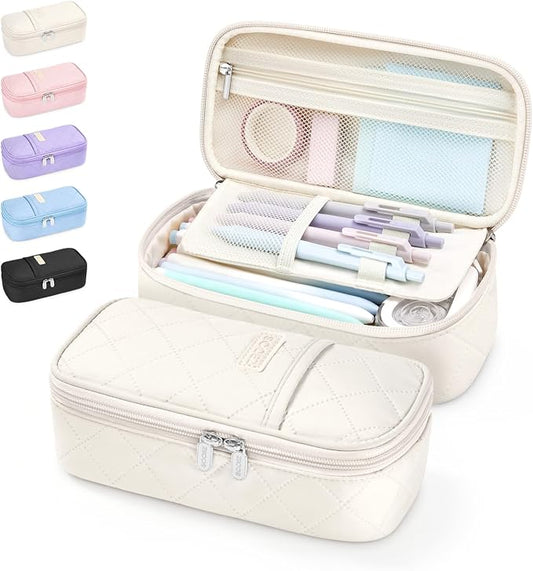 Sooez Cute Pencil Case, Soft Quilted Pencil Pouch, Large Pen Pencil Bag | Zipper Pen Case, Aesthetic Pen Pouch, Colored Stationery Storage & Organizer, School Supplies for Teen Girl Students, Beige
