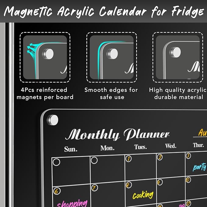 DIYMAG Magnetic Calendar for Refrigerator 3 PCS Dry Erase Wall Planners 15.2"x11.2" Magnet Fridge Monthly Weekly Daily White Board Planning Acrylic Clear Apartment Decor Meal Planner with 6 Colors Markers