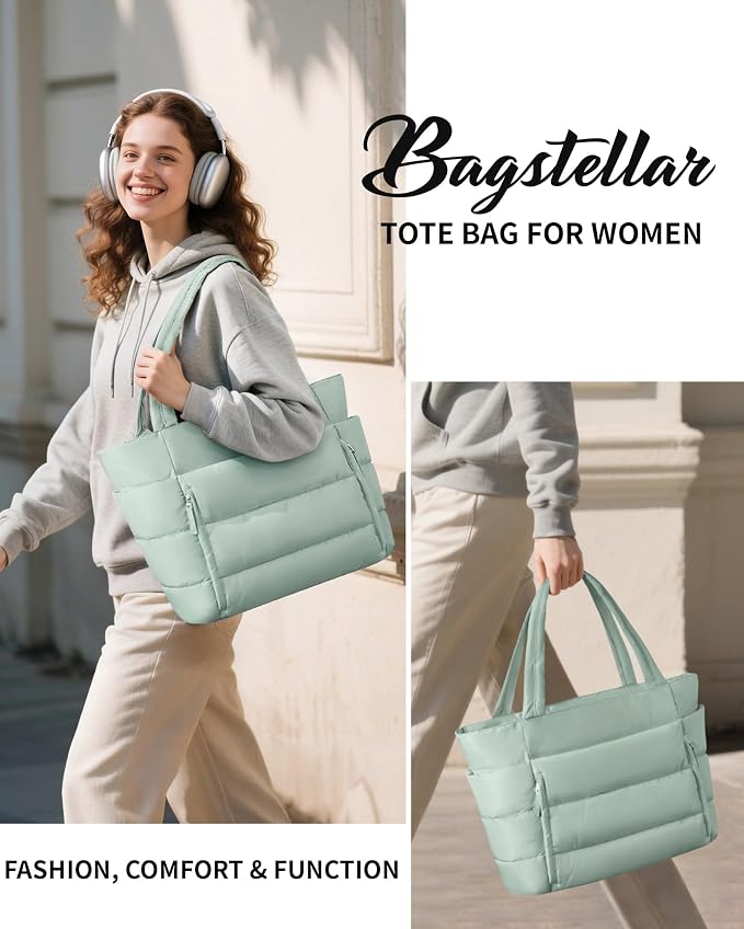 Bagstellar Puffer Tote Bag for Women, Lightweight Puffy Work Handbag Teacher Nurse Quilted Shoulder Bag for School Travel Gym | Cloud Bag w/ Zipper