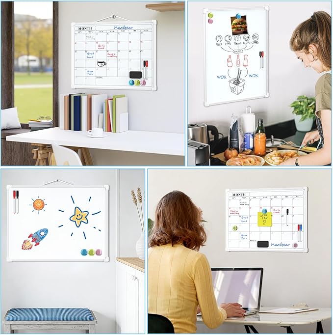 MaxGear Monthly Calendar Dry Erase Board for Wall, 16"x12" Small Hanging Double-Sided White Board, Portable Whiteboard for Planning, Drawing, Memo, to Do List, School, Home, Kitchen, Office