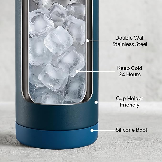 Fijinhom 18 oz Insulated Water Bottle with Straw Lid, Stainless Steel Water Bottles, Double Wall Vacuum, Portable Handle & Non-slip Bottom, BPA Free Leak Proof Metal Bottles, Keep Cold 24H, Dark Blue