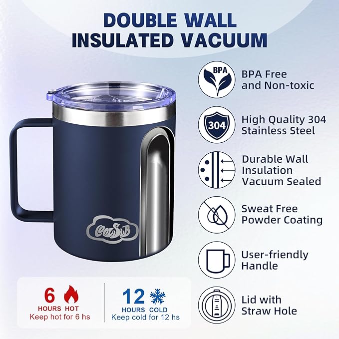 12oz Insulated Coffee Mug with Handle, Stainless Steel Wide Mouth Travel Tumblers with Lid, Double Wall Vacuum Coffee Cup for Camping, Office, Navy Blue 8 Packs