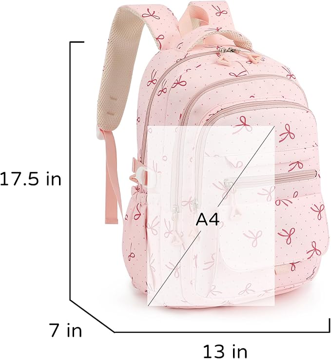 Phaoullzon Girls School Coquette Backpack for Teen Kawaii Bows Bookbag College Daypack,Pink Bow