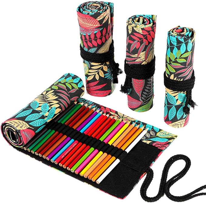 DIYOMR 24/36/72 Slots Pencil Wrap Pencil Rolls, Artist Colored Pencils Roll Up Bag Short Brushes Pouch Case Pencils Organizer for Drawing Coloring and Sketching (Colorful Leaves, 36slots)