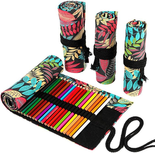 DIYOMR 24/36/72 Slots Pencil Wrap Pencil Rolls, Artist Colored Pencils Roll Up Bag Short Brushes Pouch Case Pencils Organizer for Drawing Coloring and Sketching (Colorful Leaves, 36slots)