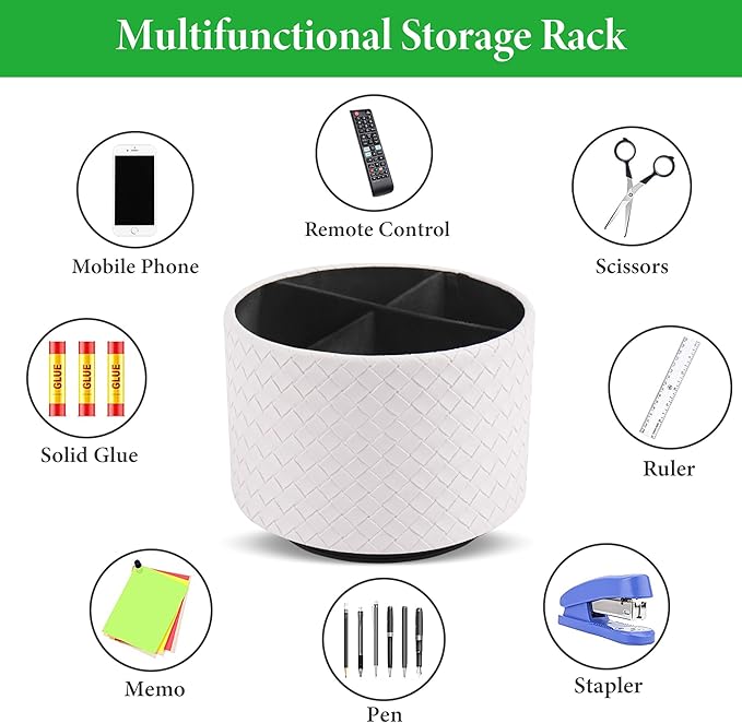 Round Leather Art Supply Organizer,Remote Control Holder,360 Degree Spinning,Multi-Functional Pencil Holder,4 Compartments Desktop Stationary Organizer(1-Weave White)