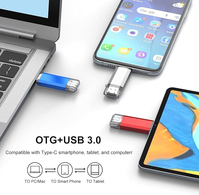 RAOYI 3 Pack 128GB USB C Flash Drive, 2 in 1 USB 3.0 Type C Dual OTG Metal Thumb Drive Jump Drive Memory Stick with Keychain Suitable for USB-C Smartphones, Computers and Tablets (Red,Silver,Blue)