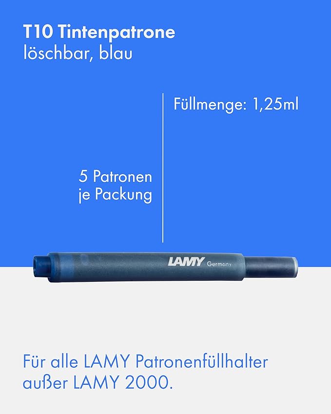 LAMY T10 Set of 3 erasable Ink cartridges with Large Ink Capacity - Suitable for All Lamy Fountain Pen Models - Contents 1.25 ml per Cartridge - 5 Pieces per Pack - Ink Color Blue